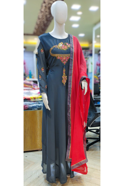 Embroidery Worked Off Shoulder Georgette Long Gown With Contrast Dupatta (KR2093)
