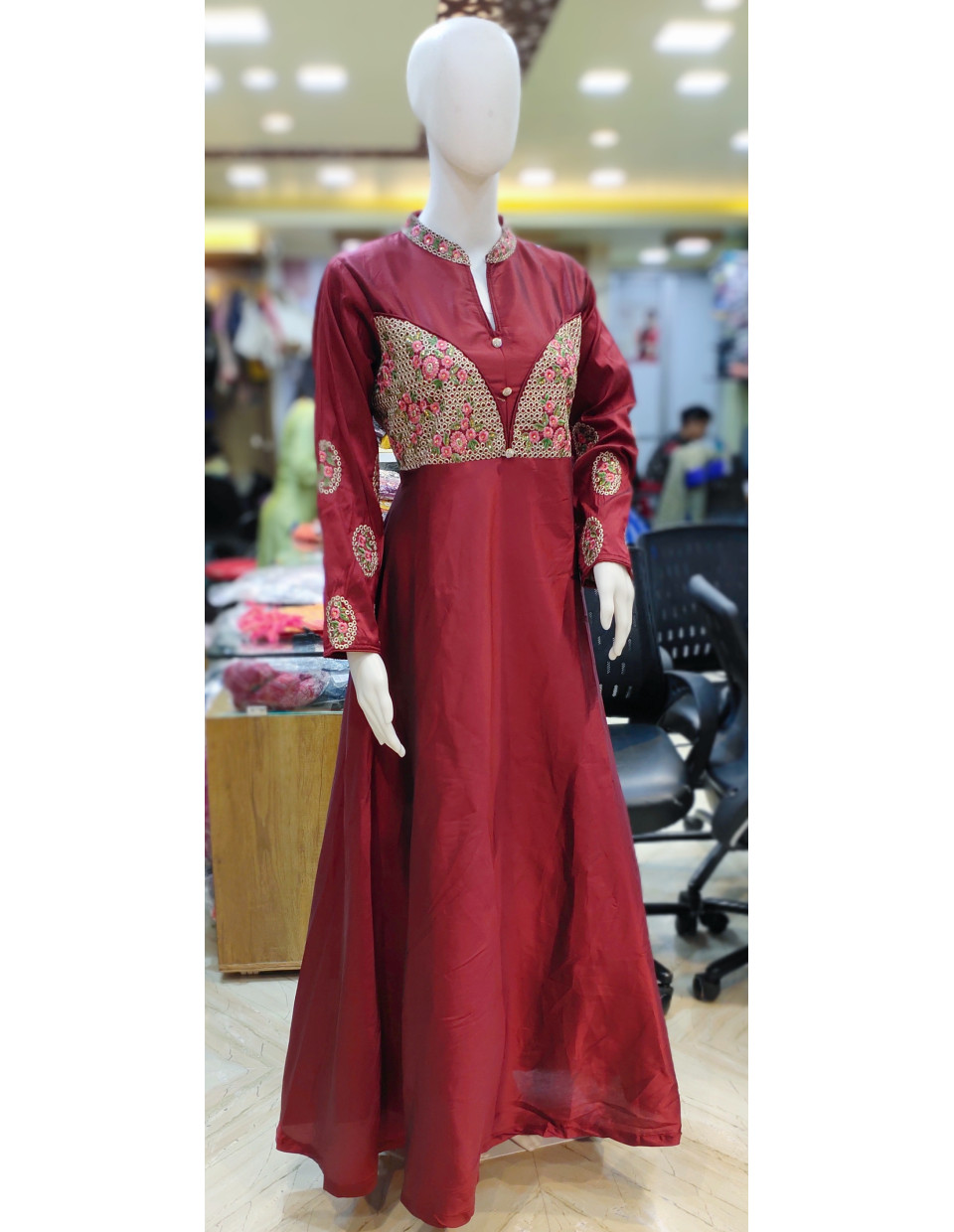 High Necked Embroidery Worked Silk Long Fancy Gown (KR2094)