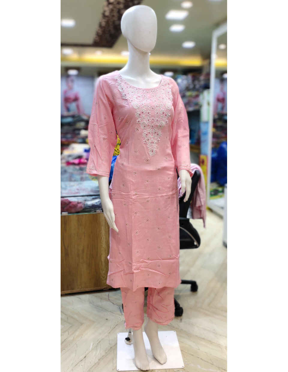 Round Neck Embroidery Worked Rayon Straight Cut Kurti (KR2064)