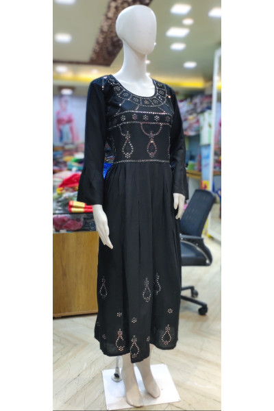 All Over Mirror Work Black Rayon Long Frock (KR2098)