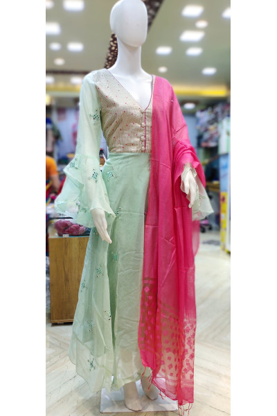 Mirror And Embroidery Butta Worked Long Fancy Gown With Contrast Color Brocade (KR2104)
