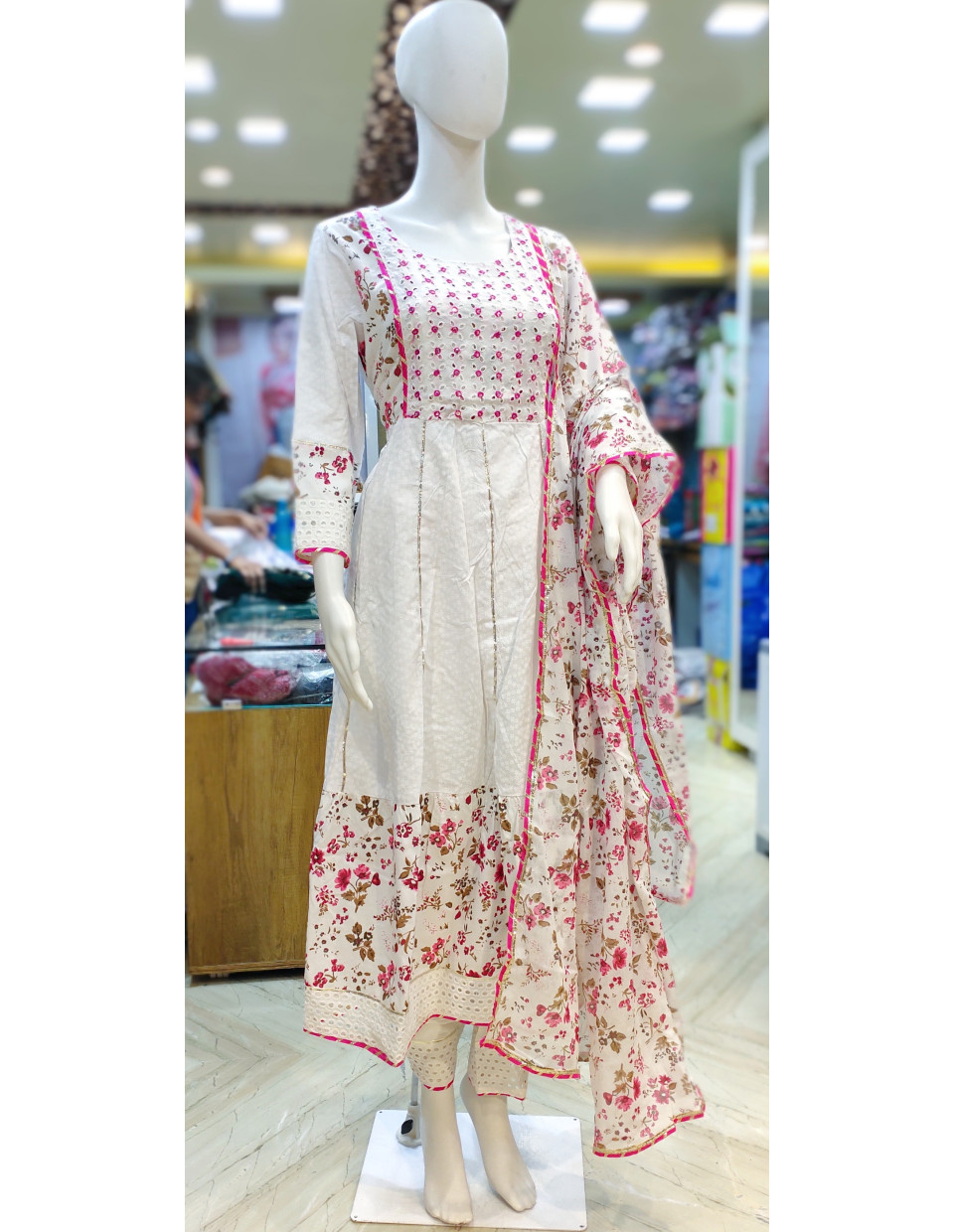 Floral Printed Patch Work Cotton Long Anarkali Dress With Hakova Mirror Work (KR2110)