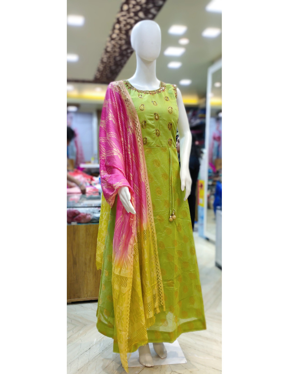 Silk Long Gown With All Over Golden Butta Weaving And Beads Work (KR2111)