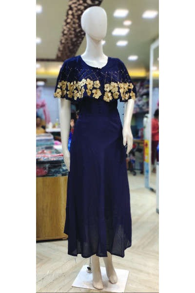 Blue Rayon Ponchu Pattern Long Straight Gown (KR2113)