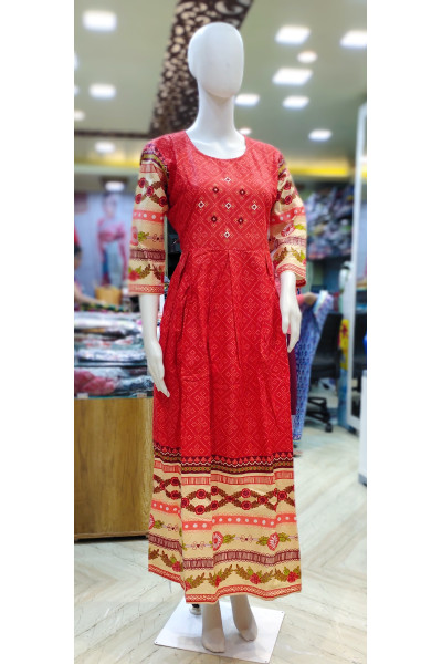 Printed Cotton Red Long Gown (KR2114)