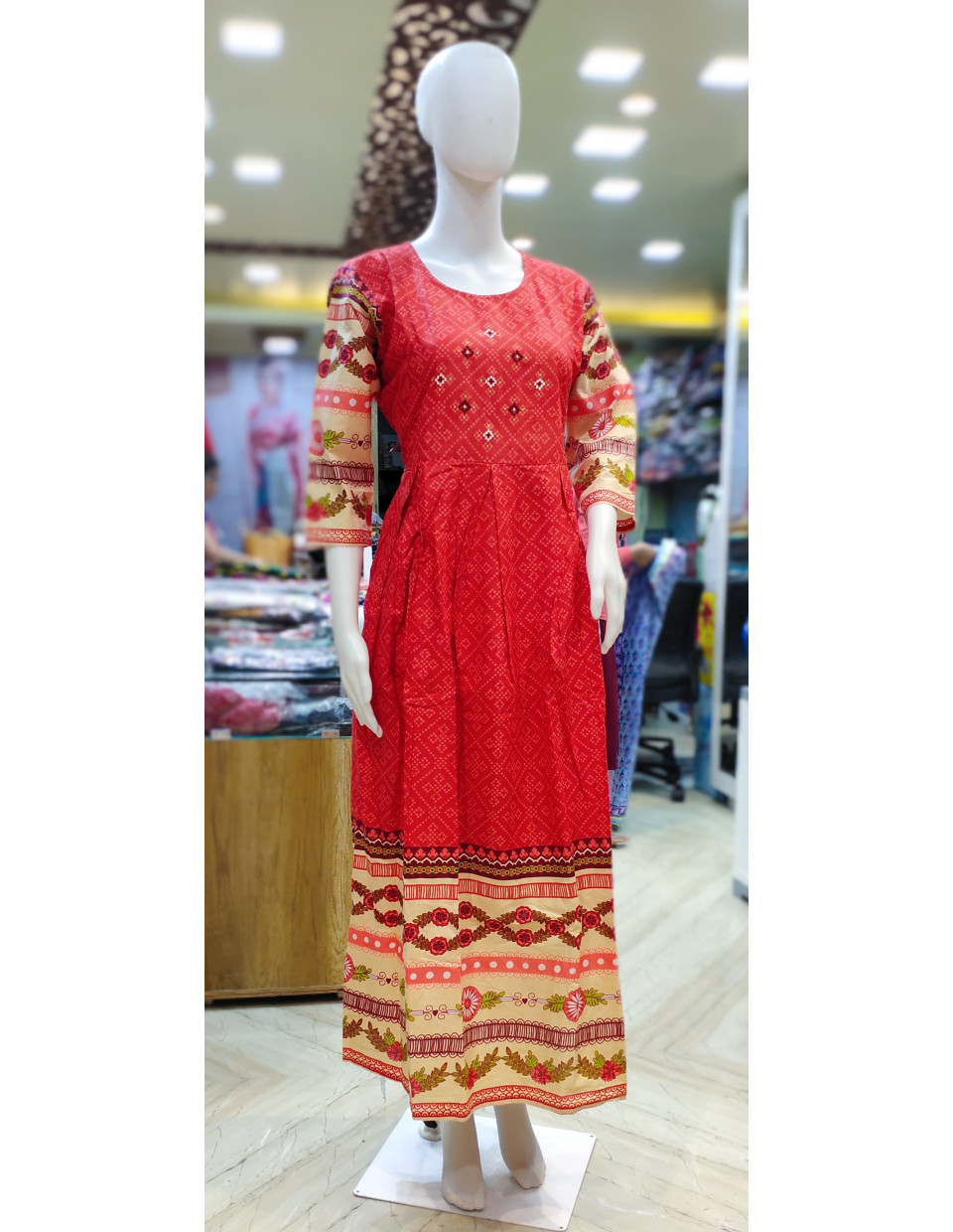 Printed Cotton Red Long Gown (KR2114)
