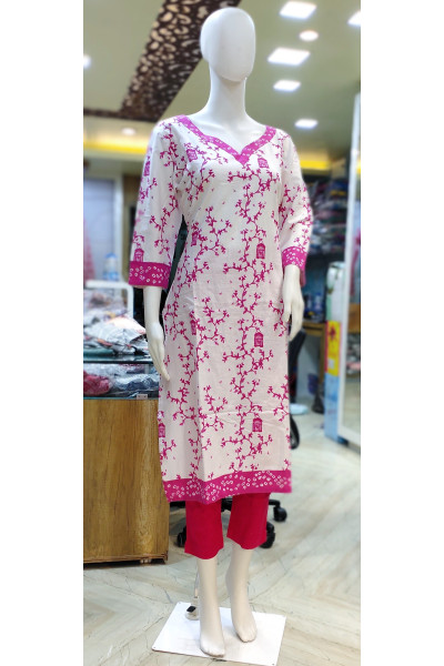 Contrast Color Border Worked Printed Cotton Daily Wear Kurti (KR2043)