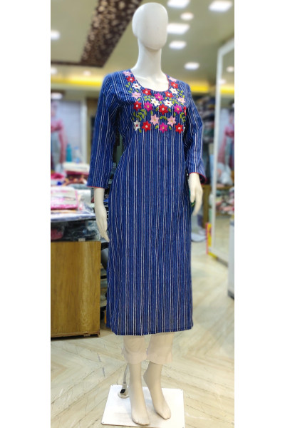 All Over Stripes Embroidery Worked Cotton Kurti (KR2051)