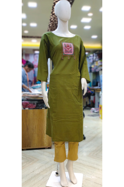 Boat Neck Embroidery Worked Cotton Kurti (KR2067)