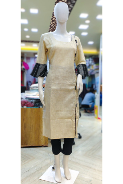 Round Neck Contrast Color Bell Sleeve Pattern Daily Wear Kurti (KR2073)