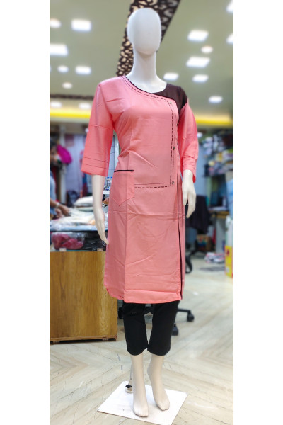 Round Neck Hand Stitch Work Peach Pink Rayon Dress (KR2074)