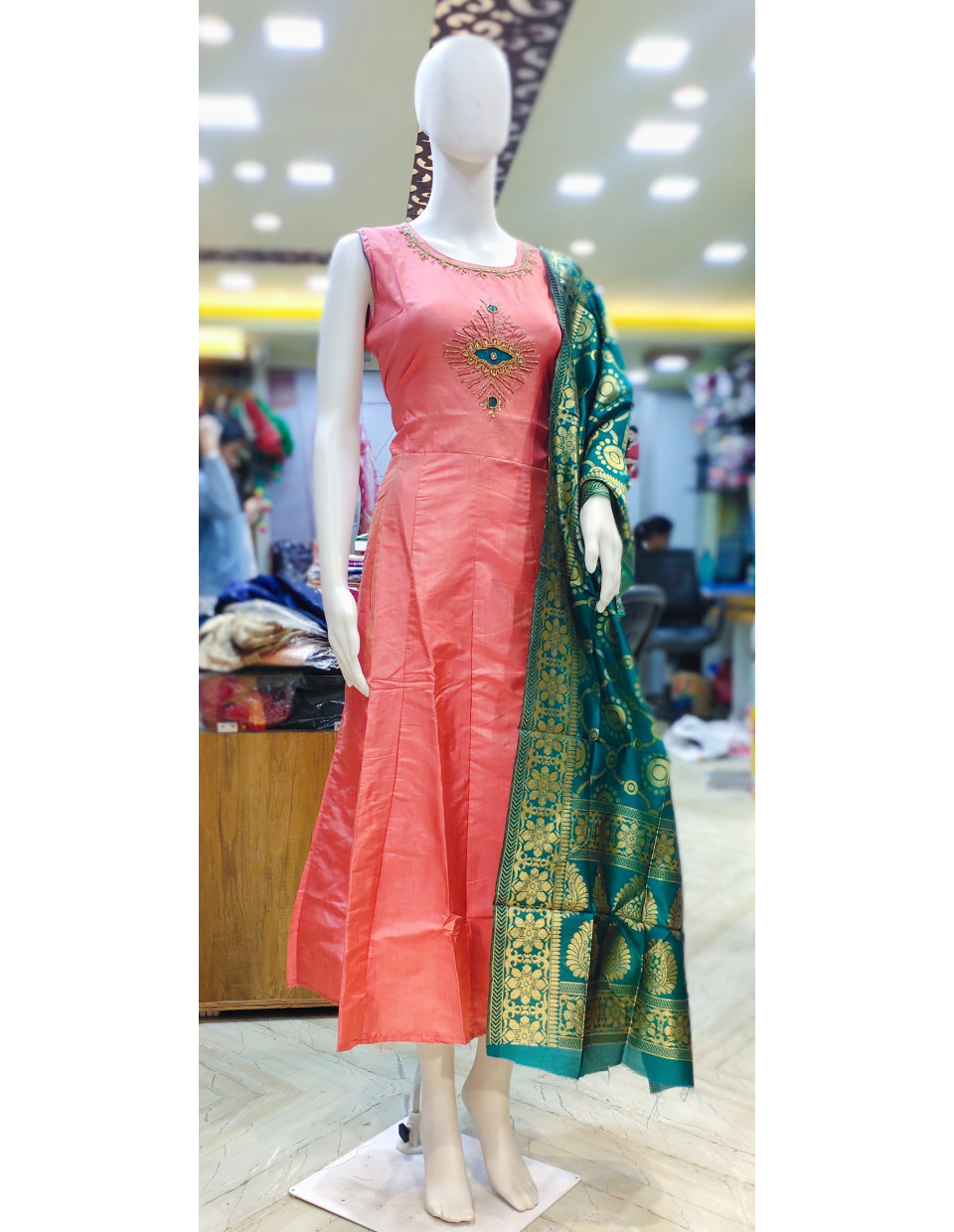 Beads Work Long Gown With Contrast Color Dupatta (KR2079)