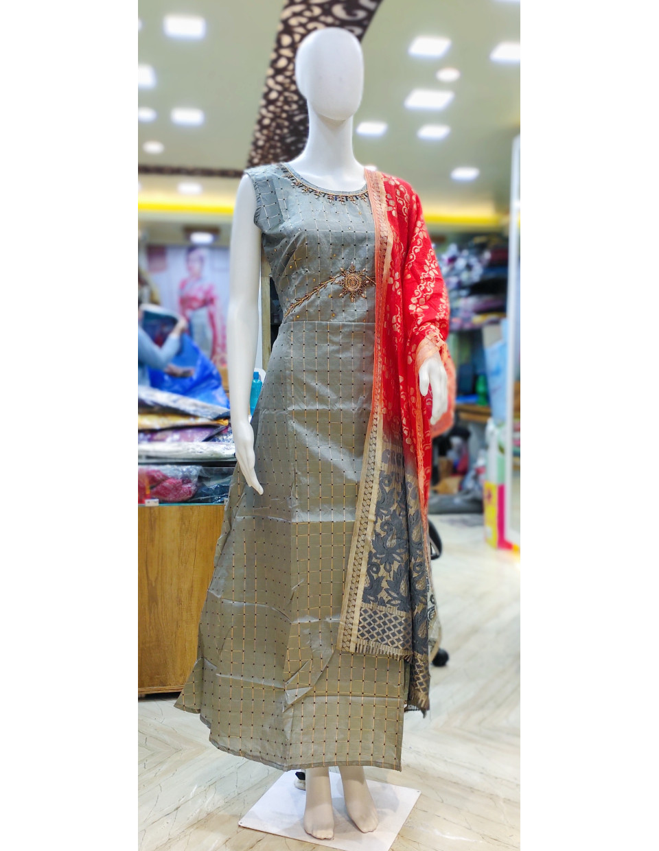 Silk Long Gown With All Zari Checks And Stone Work (KR2115)
