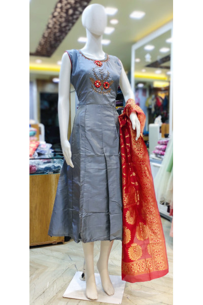 Ash Silk Long Gown With Beads Work (KR2118)