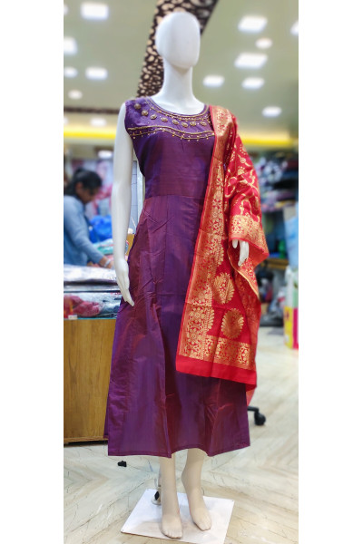Magenta Silk Long Gown With Beads Work (KR2119)