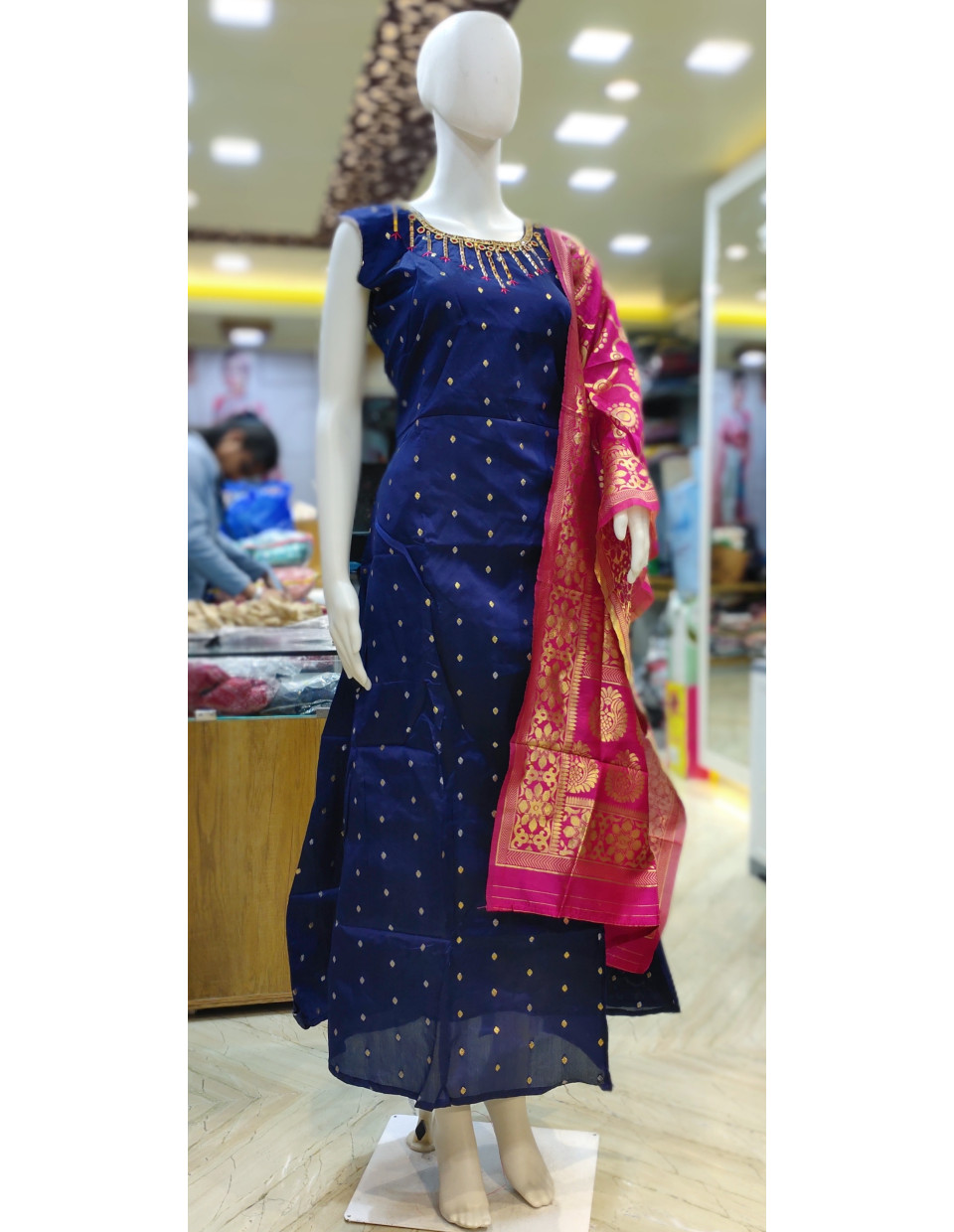 Blue Silk Long Gown With All Over Weaving And Beads Work Neck Design (KR2120)