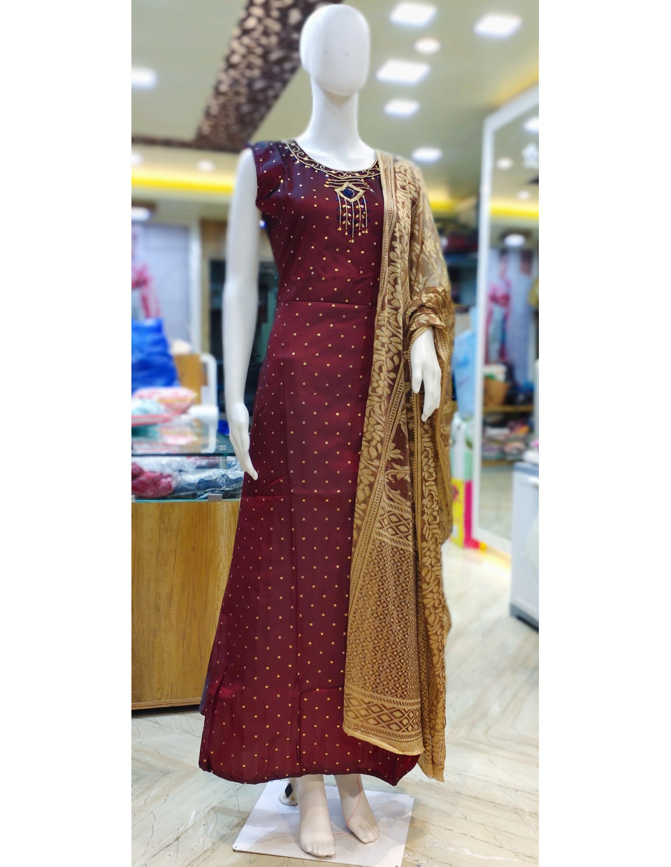 Maroon Silk Long Gown With All Over Weaving And Beads Work Neck Design (KR2121)