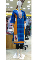 Cotton High Neck Collared Long Kurti With Self Weaving And Embroidery Patch Work (KR2127)