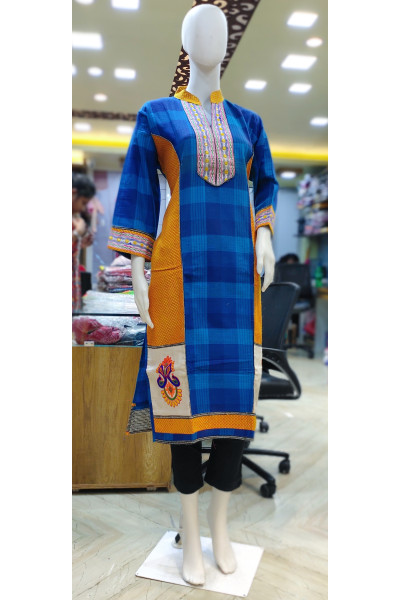 Cotton High Neck Collared Long Kurti With Self Weaving And Embroidery Patch Work (KR2127)