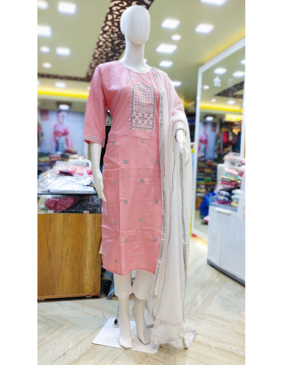 Pink Rayon Embroidery Work Straight Cut Kurti (KR2133)