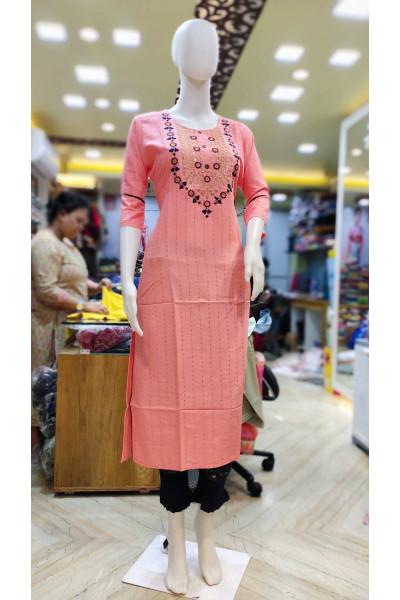 Peach Pink Rayon Embroidery Worked Kurti With Sequence Weaving Design (KR2159)