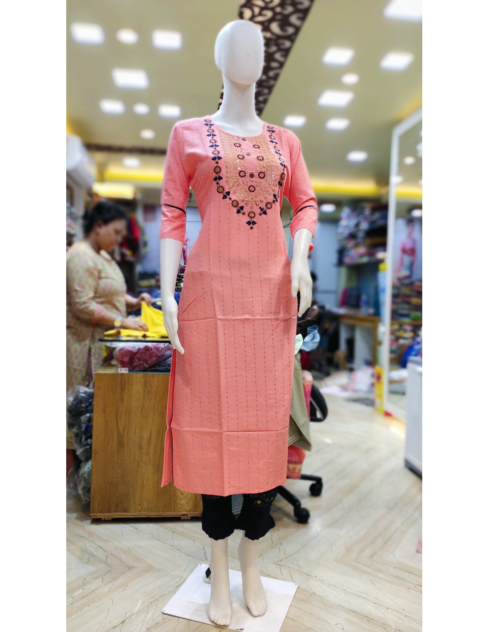 Peach Pink Rayon Embroidery Worked Kurti With Sequence Weaving Design (KR2159)