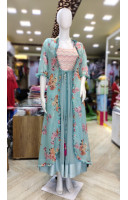 Georgette Long Sleeveless Gown With Heavy Brocade Work On The Top Section And Embroidery Work On The Lower Section - Also Has Digital Printed Long Shrug (KR2265)