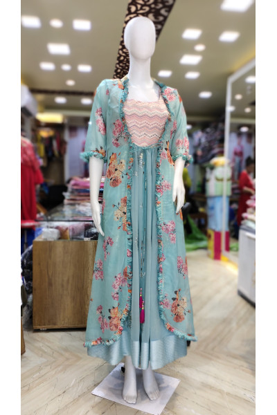 Georgette Long Sleeveless Gown With Heavy Brocade Work On The Top Section And Embroidery Work On The Lower Section - Also Has Digital Printed Long Shrug (KR2265)