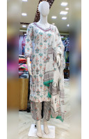 White Cotton Kurti Set With All Over Multicolor Printed Work - Also Has Mirror Work On The Neck Portion (KR2274)