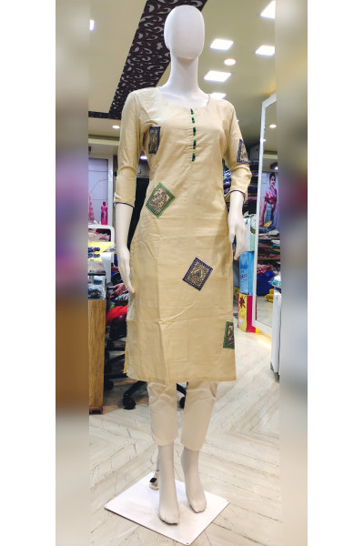 Semi Katan Silk Kurti With Patch Work And Embroidery Highlighted Work - Also Have Multicolor Potli Button On The Yoke Portion (KR2280)