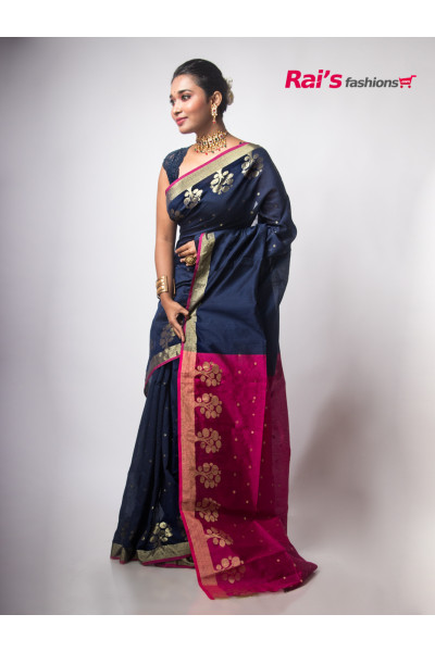 Handloom Cotton Silk Saree With Fine Handweaving Jamdani Work Border And Contrast Color Pallu (RAI200621)