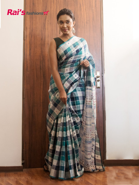 Handloom Fine Linen By Linen Checks Saree With Mirror Design Worked Pallu (RAI201121)