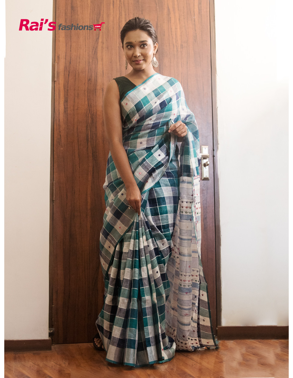 Handloom Fine Linen By Linen Checks Saree With Mirror Design Worked Pallu (RAI201121)