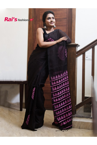 Pure Handloom Natural Fabric Linen By Linen With Handweaving Butta Design All Over And Temple Pallu (RAI201221)