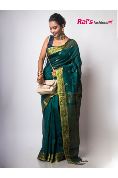 Traditional Look In Handweaving Organic Linen Benarasi Saree (RAI201321)
