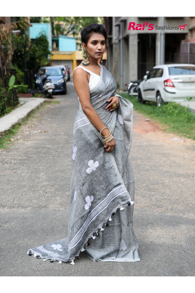 Premium Quality Pure Handloom Natural Fabric Linen By Linen Saree With Hand Weaving Jamdani Butta Work (RAI199621)