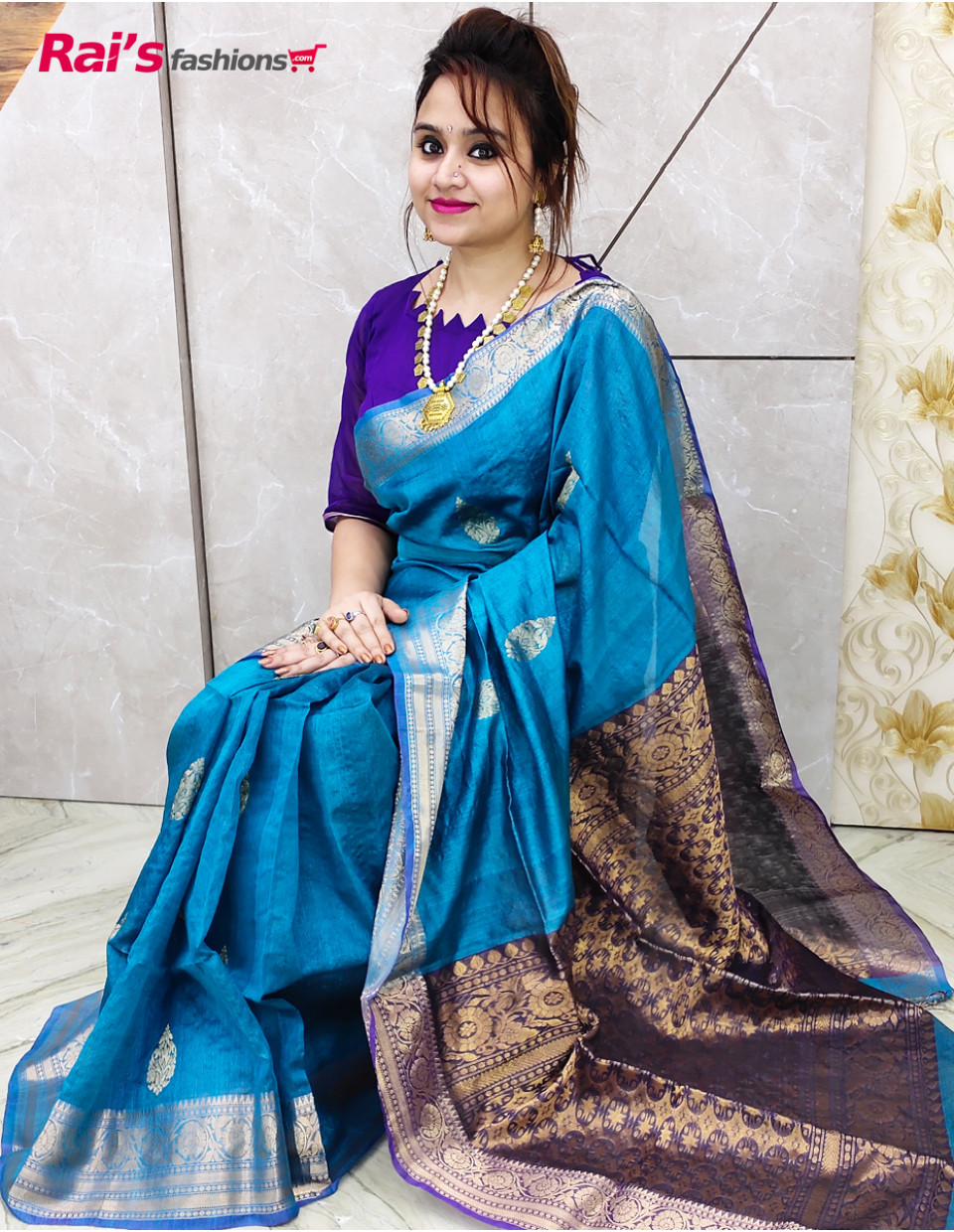 Pure Premium Quality Tussar Silk Saree With Hand Weaving Benarasi Work (RAI198921)