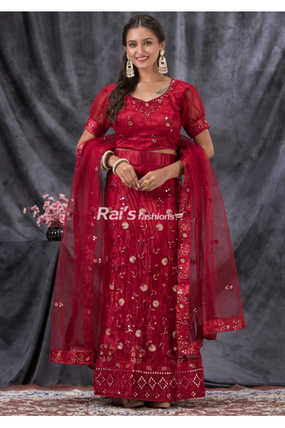 Mirror And Sequin Worked Red Designer Lehenga (KR1445)